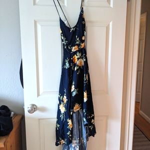 Lulu's blue floral cotton dress - low back with cross ties